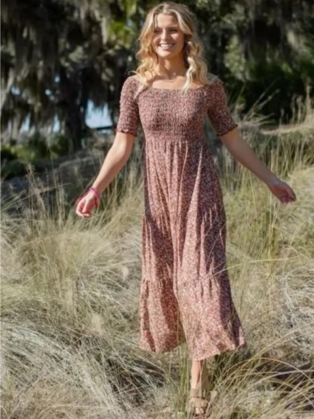 Natural Life Daisy Tiered Midi Dress Rusty Floral Smocked Medium